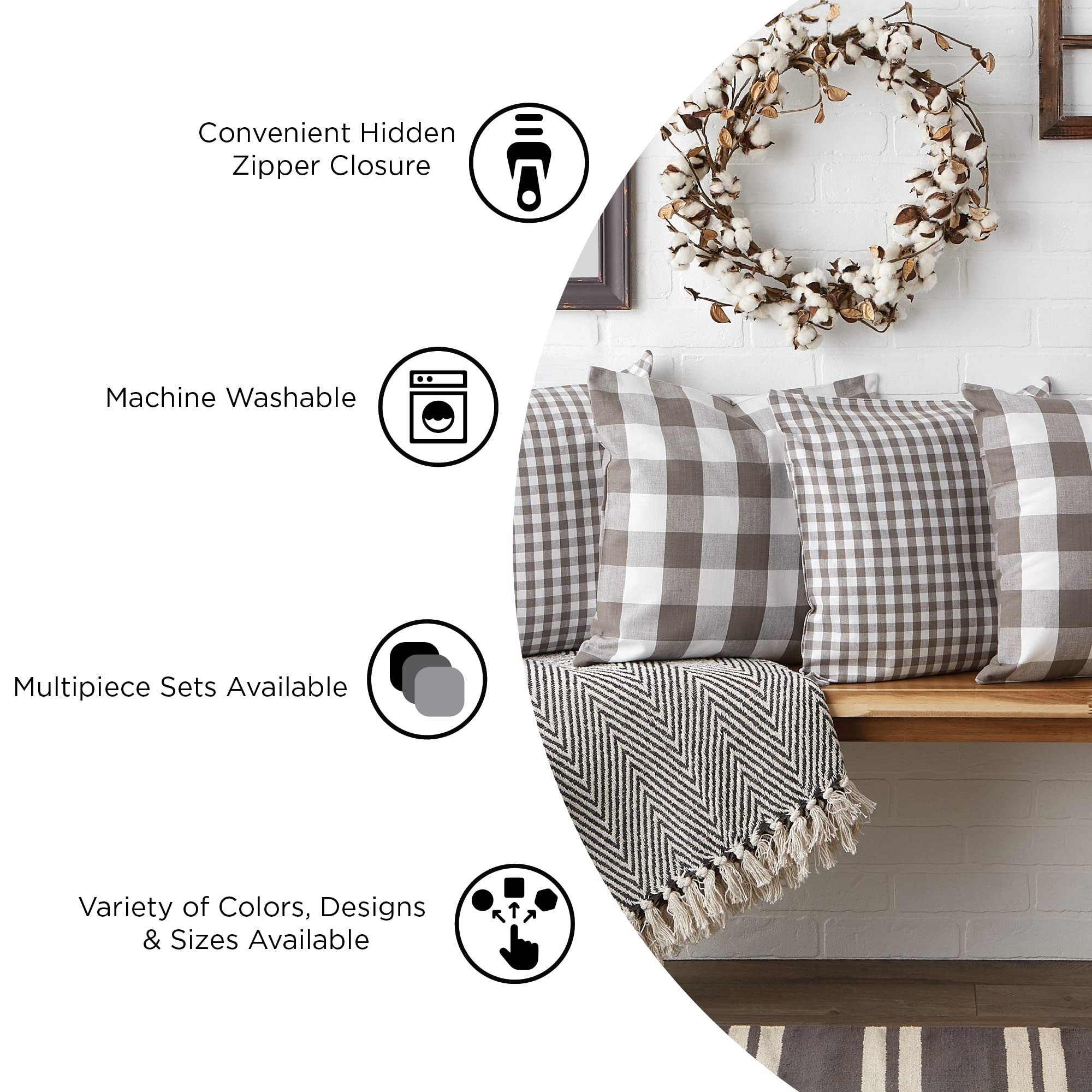 DII Decorative Square Throw Pillow Cover Collection Cotton, Machine Washable, Hidden Zipper, 18x18, Black Assorted, 4 Piece - Image 6