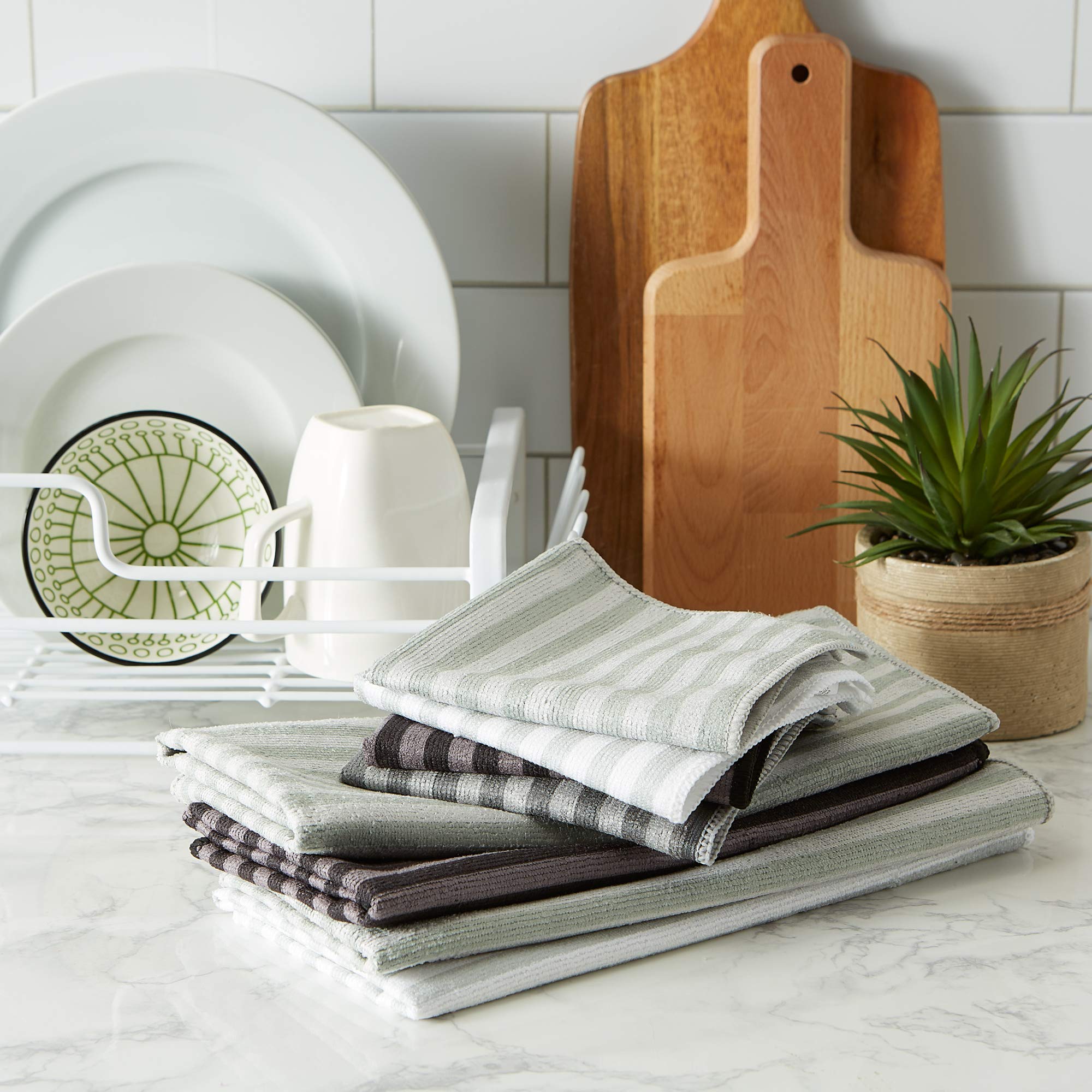 DII Cleaning Collection Microfiber Set, Dishcloth and Dishtowel Set, Gray Stripe, 8 Piece - Image 6