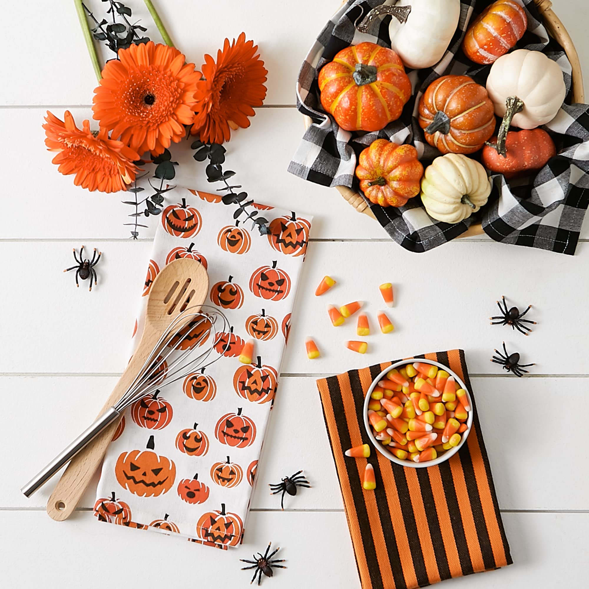 DII Halloween Hand Towels for The Kitchen Decorative Spooky & Fun Cotton Printed Dishtowel Set, 18x28, Black & White Buffalo Check/Orange Stripes, 3 Count - Image 5