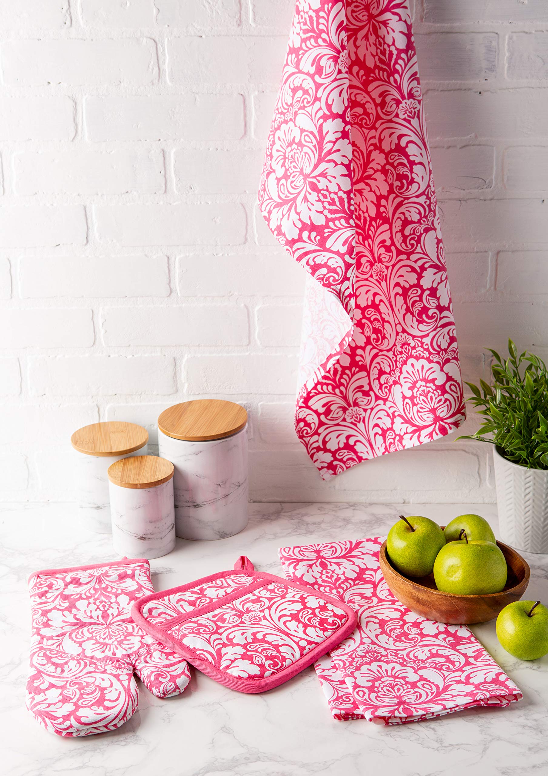 DII Quilted Kitchen Oven Mitt & Potholder Set, Hanging Loop for Convenient Storage, OM 6.5x12/PH 8x8.5, Pink Damask Print, 2 Piece - Image 3